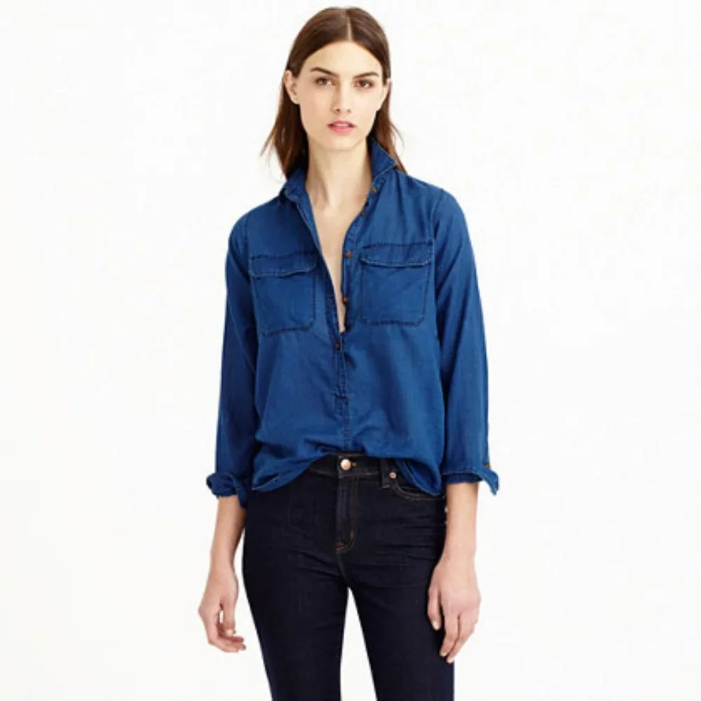 J. Crew Indigo Gauze Popover Button Up Cotton Shirt